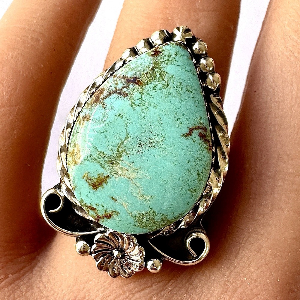 Native American Turquoise Ring Sz 7 Pear Flower Signed Lewis Sterling Navajo